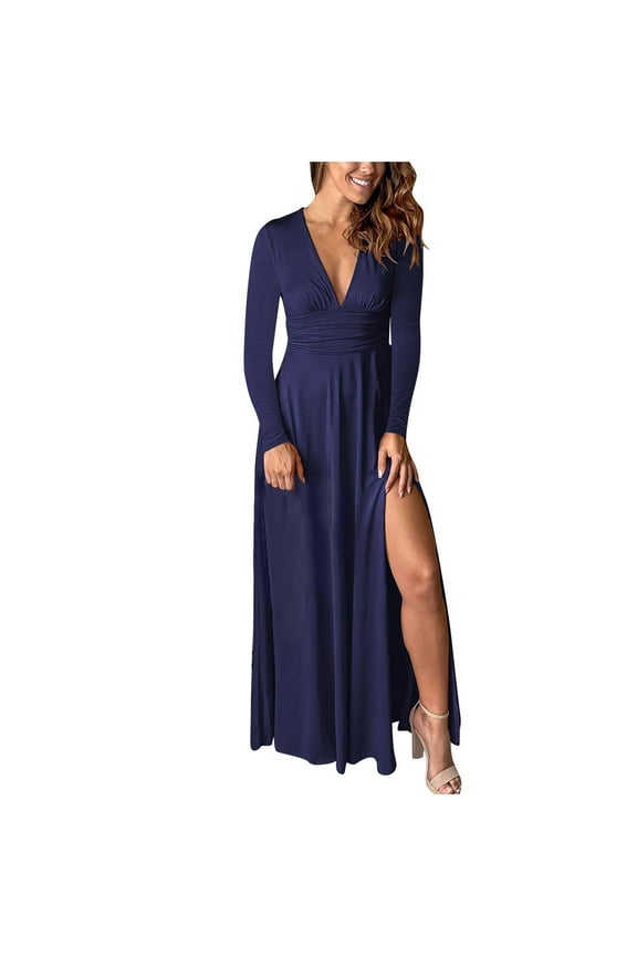 Womens Fall Maxi Dresses V Neck Long Sleeve Waisted Dress Solid Color Side Hem Split Dress