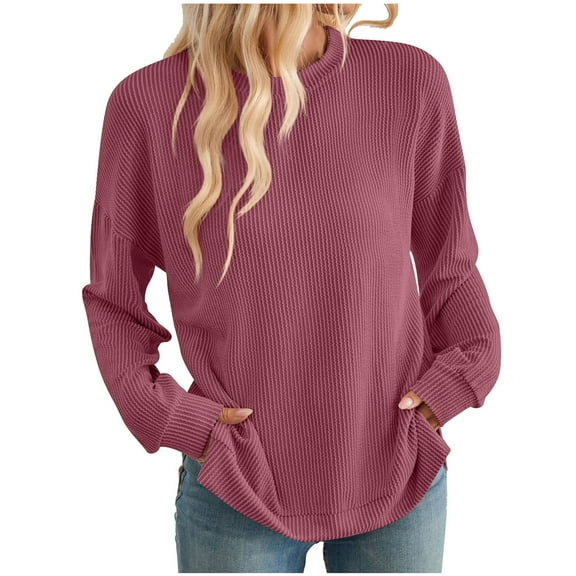 Diufon Womens Fall Pullover Tops Casual Solid Color Blouses Round Neck Long Sleeve Tops