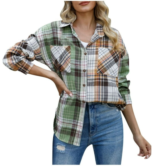 Diufon Womens Fall Shirts Trendy Plaid Printed Coats Lapel Button Long Sleeve Tops with Pockets