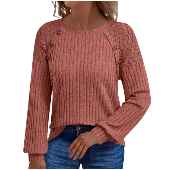 Diufon Womens Fall Sweaters Knitted Lightweight Long Sleeve Shirts Dressy Casual Lace Patchwork Pullover