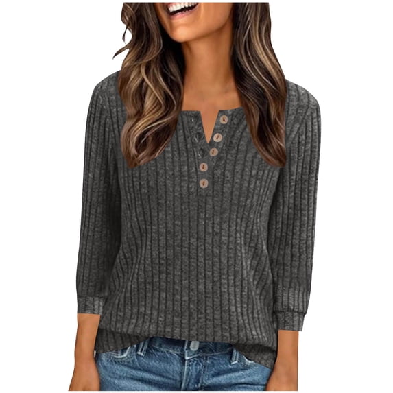 Diufon Womens Fall Sweaters Solid Color Button V Neck Tops Knitted Cotton Long Sleeve Pullover Tops
