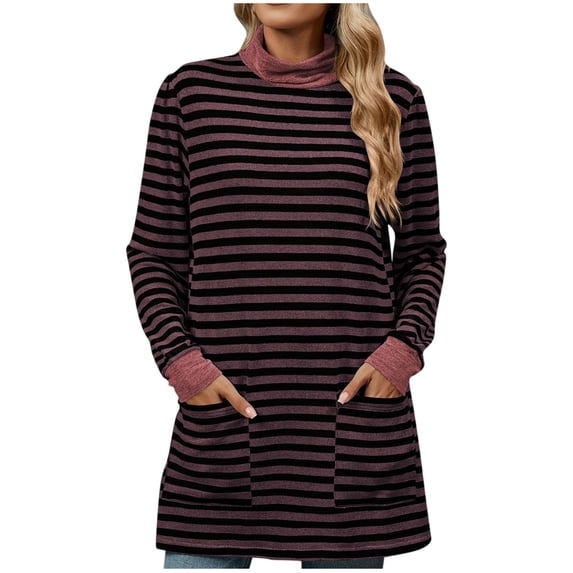Diufon Womens Fall Sweatshirts Stripe Printed Pullover Tops High Neck Long Sleeve Tops with Pockets