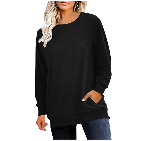 Diufon Womens Fall Tops Casual Long Sleeve Crewneck Tunic Shirts Solid Color Loose Blouses with Pocket