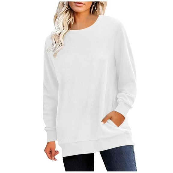 Diufon Womens Fall Tops Casual Long Sleeve Crewneck Tunic Shirts Solid Color Loose Blouses with Pocket