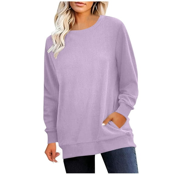 Diufon Womens Fall Tops Casual Long Sleeve Crewneck Tunic Shirts Solid Color Loose Blouses with Pocket