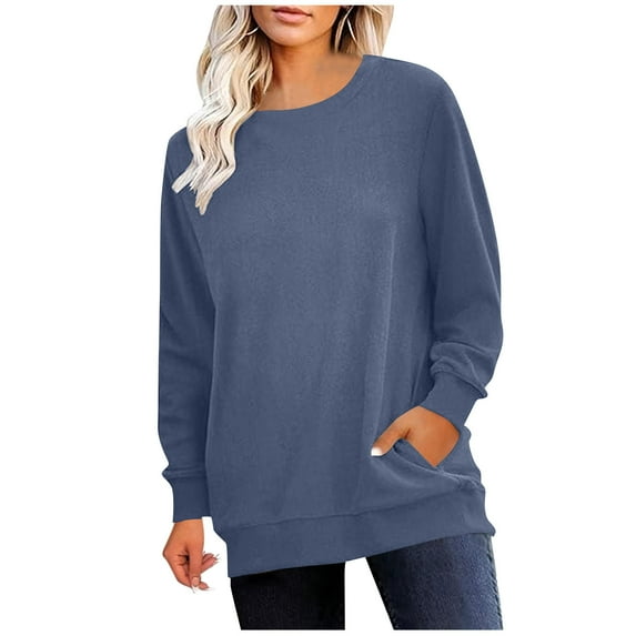 Diufon Womens Fall Tops Casual Long Sleeve Crewneck Tunic Shirts Solid Color Loose Blouses with Pocket