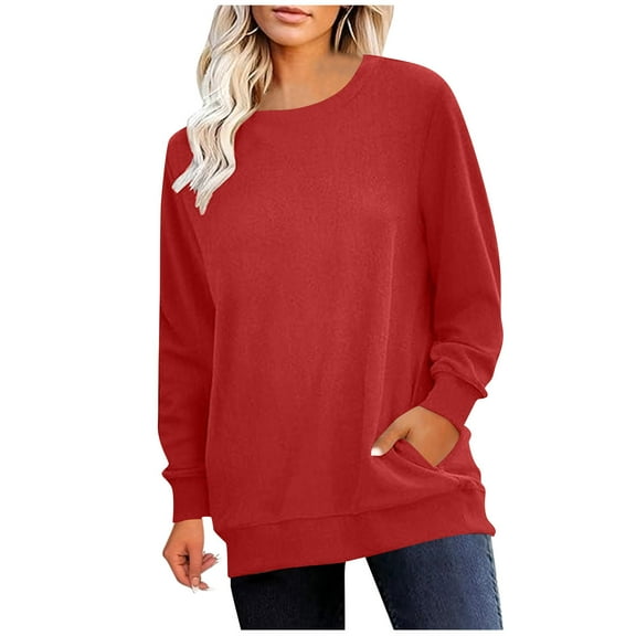 Diufon Womens Fall Tops Casual Long Sleeve Crewneck Tunic Shirts Solid Color Loose Blouses with Pocket