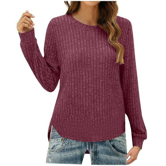 Diufon Womens Fall Tunics Knit Solid Color Casual Pullover Tops Round Neck Long Sleeve Tops