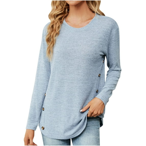 Diufon Womens Fall Tunics Solid Color Side Button Blouses Round Neck Long Sleeve Tops