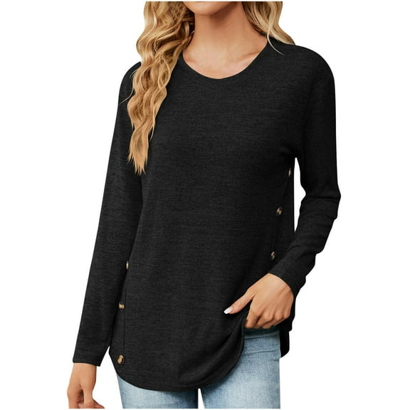 Diufon Womens Fall Tunics Solid Color Side Button Blouses Round Neck Long Sleeve Tops