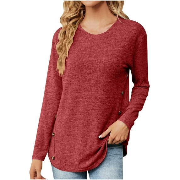 Diufon Womens Fall Tunics Solid Color Side Button Blouses Round Neck Long Sleeve Tops
