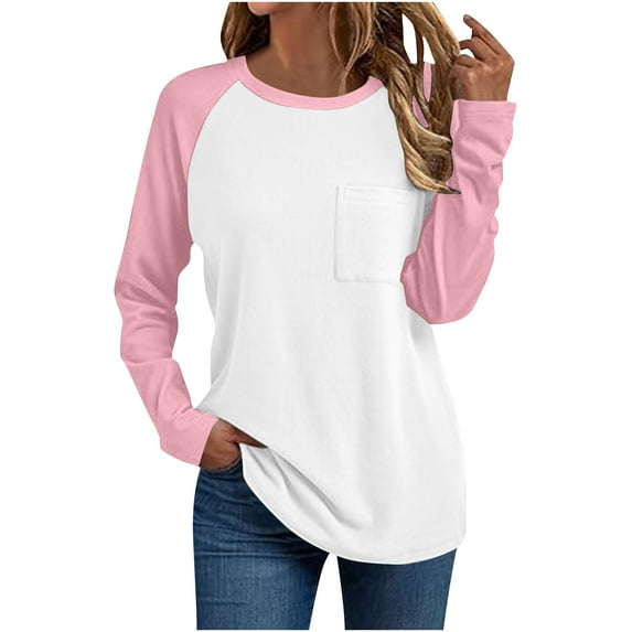 Diufon Women Long Sleeve Tops Casual Crewneck Color Block Basic Shirts Fall Fashion Clothes with Pocket