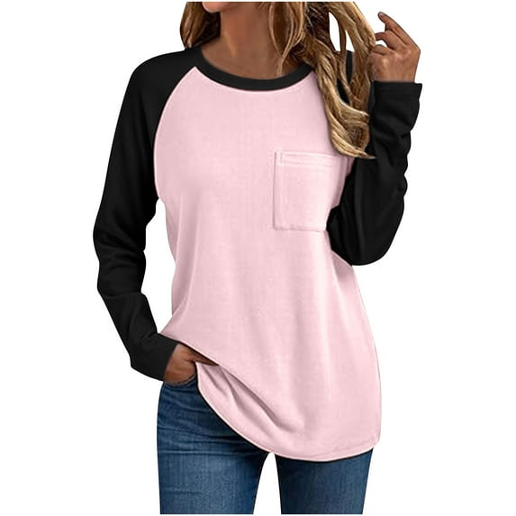 Diufon Women Long Sleeve Tops Casual Crewneck Color Block Basic Shirts Fall Fashion Clothes with Pocket