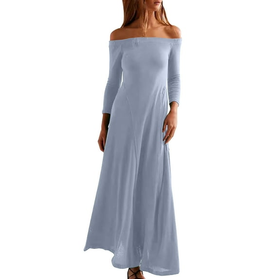 Diufon Womens Fall off Shoulder Dresses Casual Long Sleeve Maxi Dress Solid Color Breathable Dress