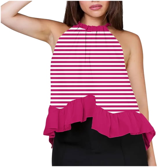 Diufon Womens Fashion Tank Tops Summer Ruffle Hem Stripe Sleeveless Shirts Casual Loose Back Tie Pleated Tops