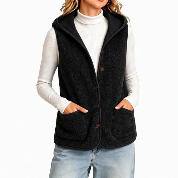 Diufon Womens Fleece Vest Button Down Soft Plush Hooded Sleeveless Jacket Fall Winter Warm Coats with Pockets