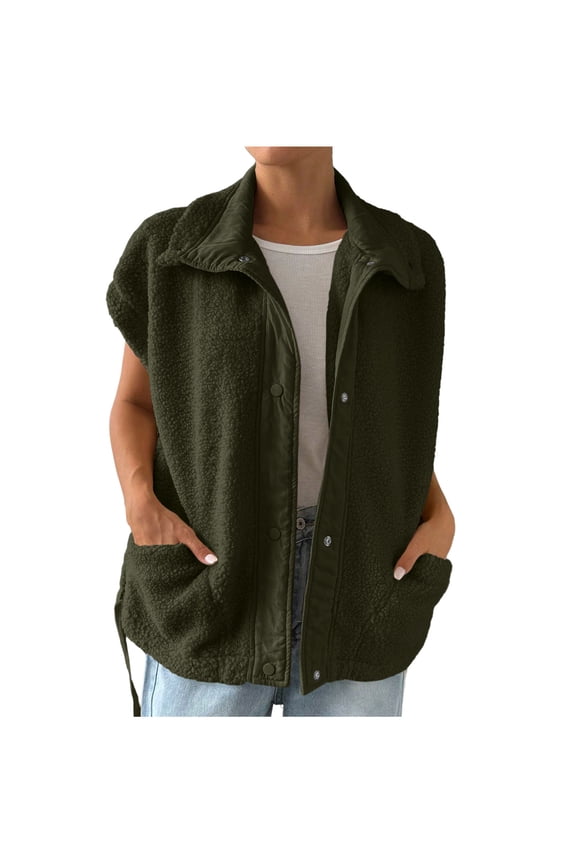 Womens Fleece Vest Casual Sleeveless Button Down Lapel Outerwear with Pockets Trendy Winter Warm Coat