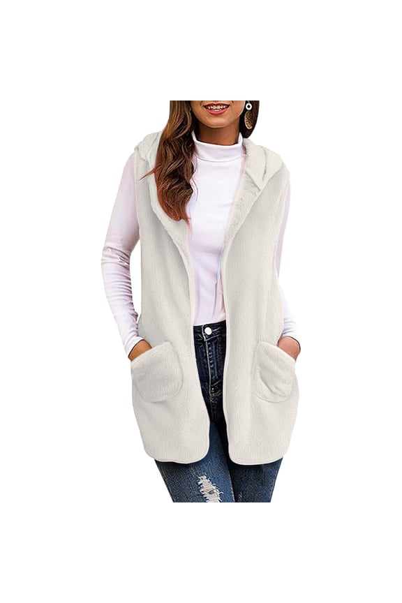 Womens Fleece Vest Long Sleeveless Hooded Jacket Fall Winter Warm Open Front Outerwear with Pockets