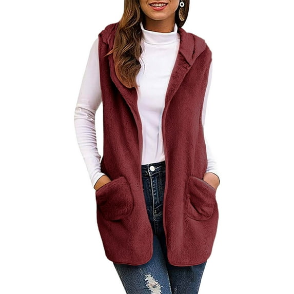 Diufon Womens Fleece Vest Long Sleeveless Hooded Jacket Fall Winter Warm Open Front Outerwear with Pockets