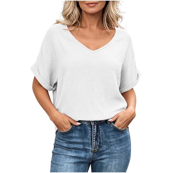 Diufon Womens Gauze Tops Summer Casual Short Sleeve V Neck Cotton Linen Blouse Solid Color Textured Tunic Tees