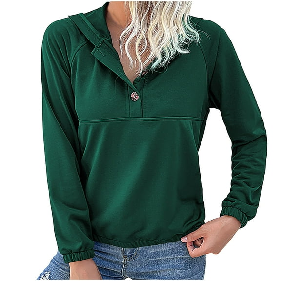 Diufon Womens Hoodies Tops Casual Solid Color Pullover Tops V Neck Button Long Sleeve Sweatshirts