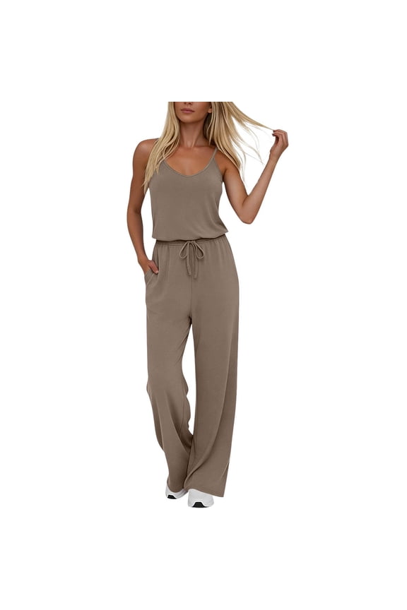 Womens Jumpsuits Summer Dressy Sleeveless Wide Leg Long Pants Rompers Casual Outfits with Pockets