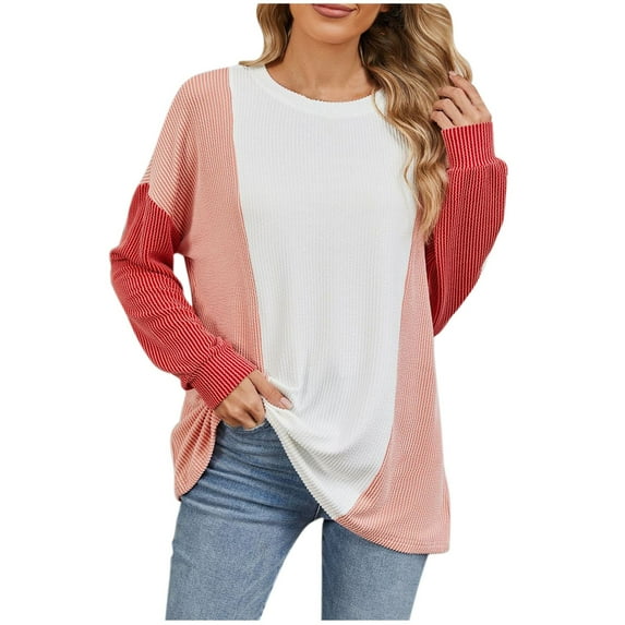 Diufon Womens Knit Blouses Casual Round Neck Long Sleeve Tees Color Block Pullover Tops