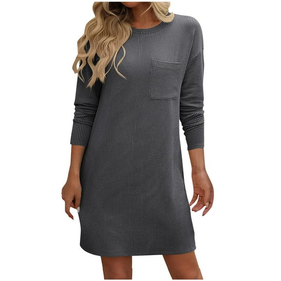 Diufon Womens Knit Cotton Dress Solid Color Mini Dress Round Neck Long Sleeve Dress with Pockets