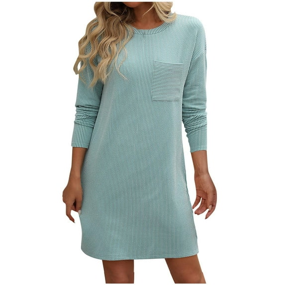 Diufon Womens Knit Cotton Dress Solid Color Mini Dress Round Neck Long Sleeve Dress with Pockets