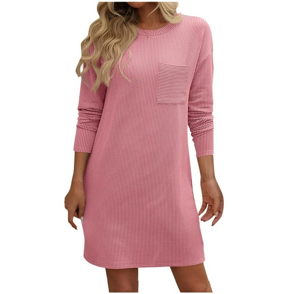 Diufon Womens Knit Cotton Dress Solid Color Mini Dress Round Neck Long Sleeve Dress with Pockets