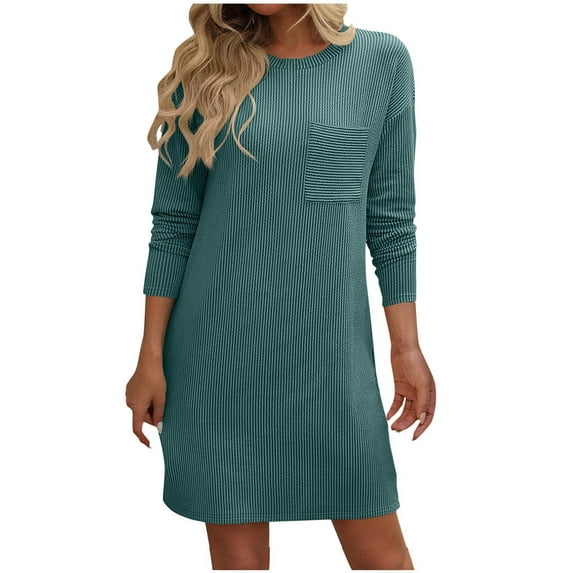 Diufon Womens Knit Cotton Dress Solid Color Mini Dress Round Neck Long Sleeve Dress with Pockets