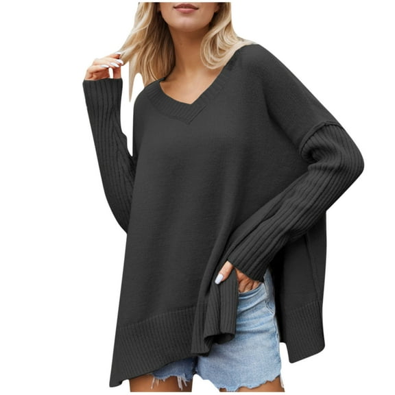 Diufon Womens Knit Pullover Tops Solid Color Side Hem Split Sweaters V Neck Long Sleeve Blouses