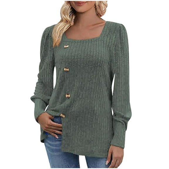 Diufon Womens Knit Sweater Solid Color Hem Split Blouses Square Neck Button Long Sleeve Tops