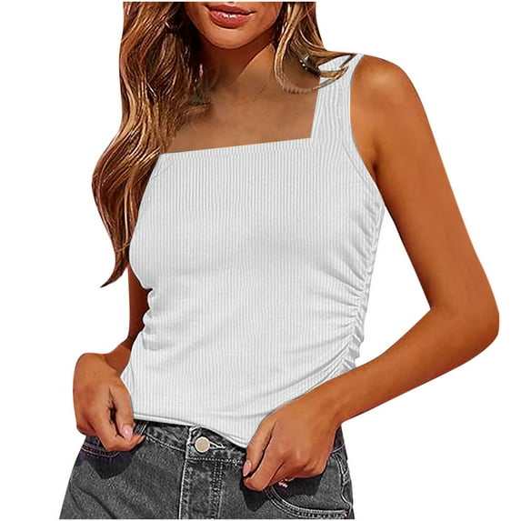 Diufon Womens Knit Tank Tops Square Neck Sleeveless Slim Tops Summer Solid Color Side Pleated Tees
