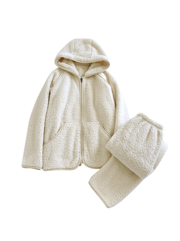 Womens Lamb Fleece Pajamas Set Full Zipper Long Sleeve Hoodies Tops Elastic Waist Pants Sets