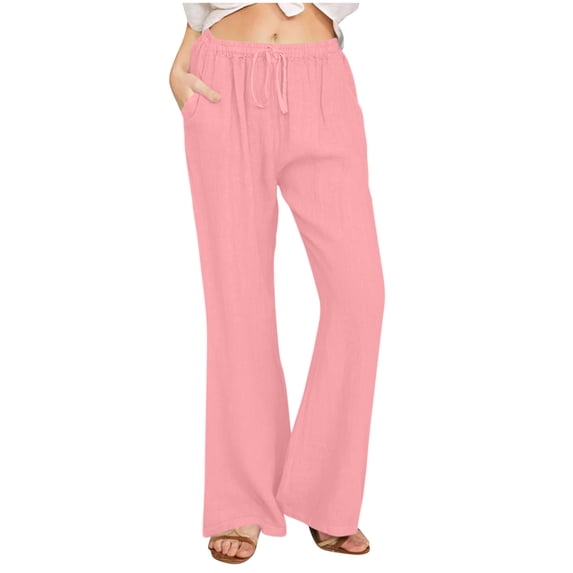 Diufon Womens Linen Pants Business Casual High Waist Drawstring Flared Pant Beach Vacation Trousers with Pockets