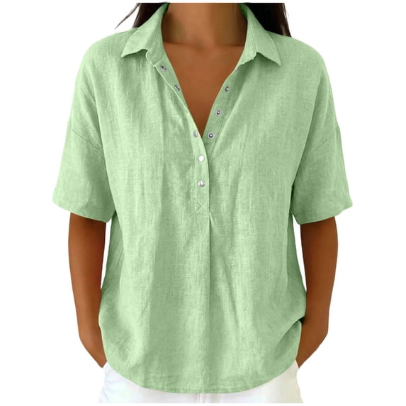Diufon Womens Linen Shirts Collared V Neck Short Sleeve Button Front Loose Blouse Summer Fashion Vacation Tops