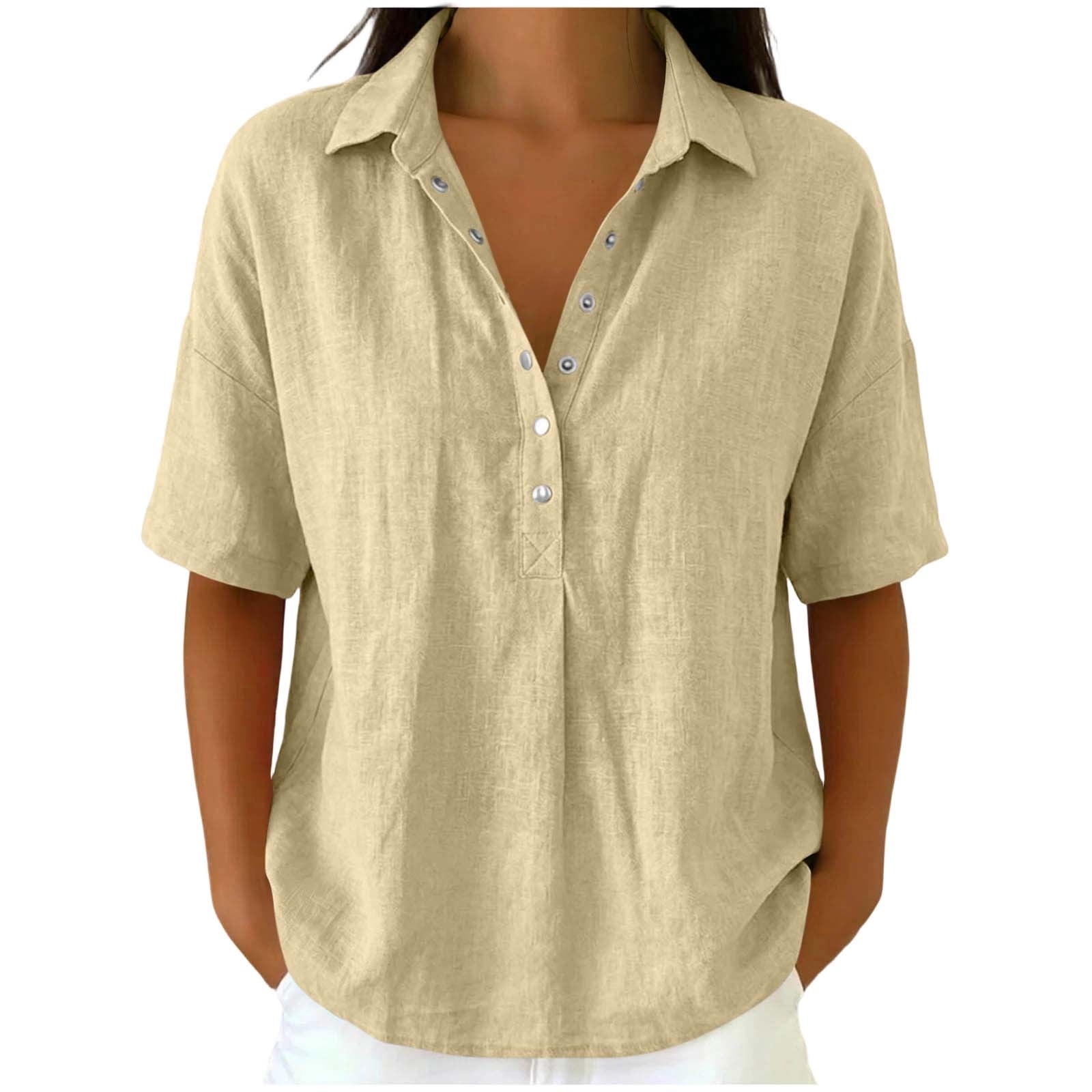 Diufon Womens Linen Shirts Collared V Neck Short Sleeve Button Front ...