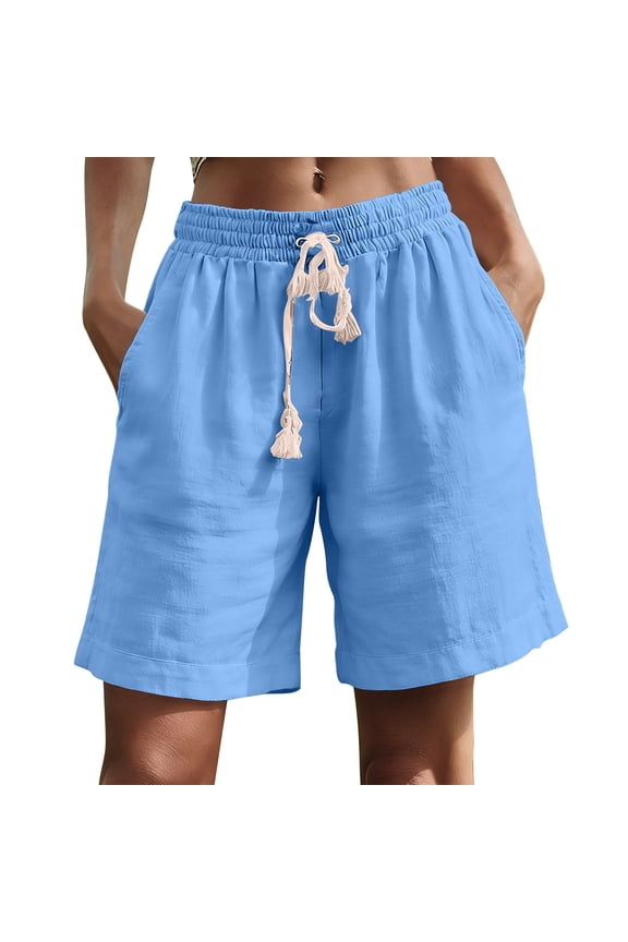 Womens Linen Shorts High Waisted Drawstring Summer Shorts Beach Loose Boho Short Pants with Pockets