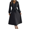 thumbnail image 1 of Diufon Womens Long Sleeve Dresses Fall V Neck Button Maxi Dress Lace-Up Waisted A-Line Pleated Dress, 1 of 7