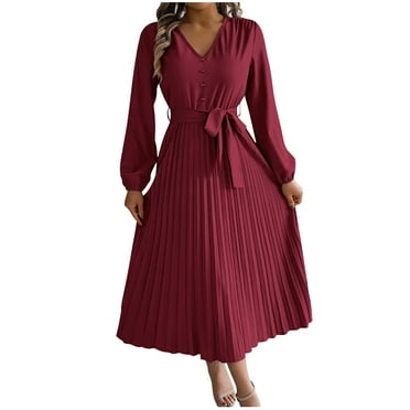 Diufon Womens Long Sleeve Dresses Fall V Neck Button Maxi Dress Lace-Up Waisted A-Line Pleated Dress