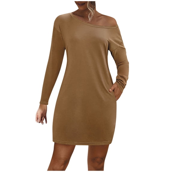 Diufon Womens Long Sleeve Dresses Solid Color Mini Dress One Shoulder Dress with Pockets