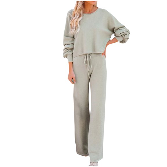 Diufon Womens Long Sleeve Sets Casual Round Neck Tops Solid Color Drawstring Wide Leg Pants
