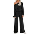 thumbnail image 1 of Diufon Womens Long Sleeve Sets Casual Round Neck Tops Solid Color Drawstring Wide Leg Pants, 1 of 6