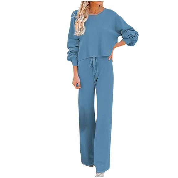 Diufon Womens Long Sleeve Sets Casual Round Neck Tops Solid Color Drawstring Wide Leg Pants