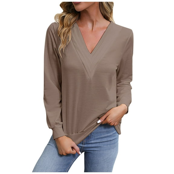 Diufon Womens Long Sleeve Shirts Fall V Neck Sweatshirts Casual Solid Color Pullover Tops