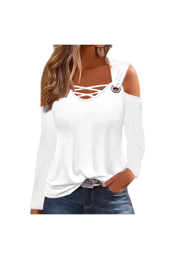 Womens Long Sleeve Tops Crossover V Neck off Shoulder Blouses Solid Color Tunics