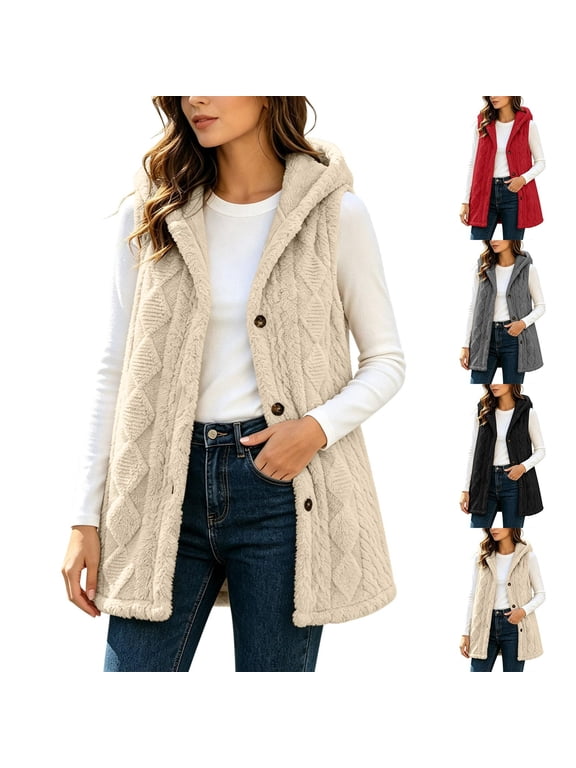 Womens Long Vest Casual Sleeveless Hooded Button Down Fleece Cardigan Fall Winter Warm Outerwear