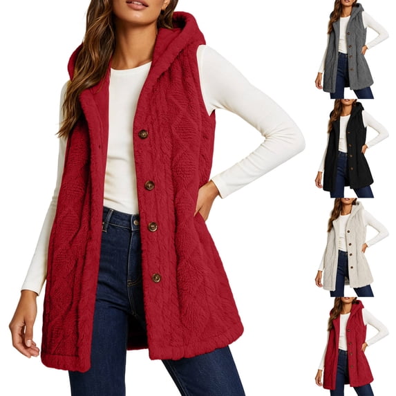 Diufon Womens Long Vest Casual Sleeveless Hooded Button Down Fleece Cardigan Fall Winter Warm Outerwear