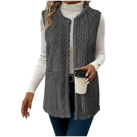 Diufon Womens Long Vest Fall Winter Fuzzy Fleece Cardigan Casual Sleeveless Warm Outerwear with Pockets